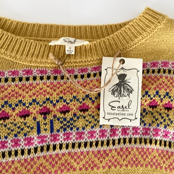 NWT Easel Yellow Fair Isle Knit Sweater | Boho Distressed Hem | Size S - Picture 3 of 9